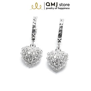 Bông tai bạc QMJ trái tim 3D nạm đá tấm, dáng phông - Q045