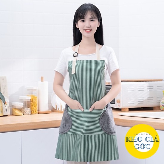 Tạp dề kẻ hoa có khăn lau tay bên hông, tạp dề chống thấm nước (GIAO MÀU NGẪU NHIÊN)