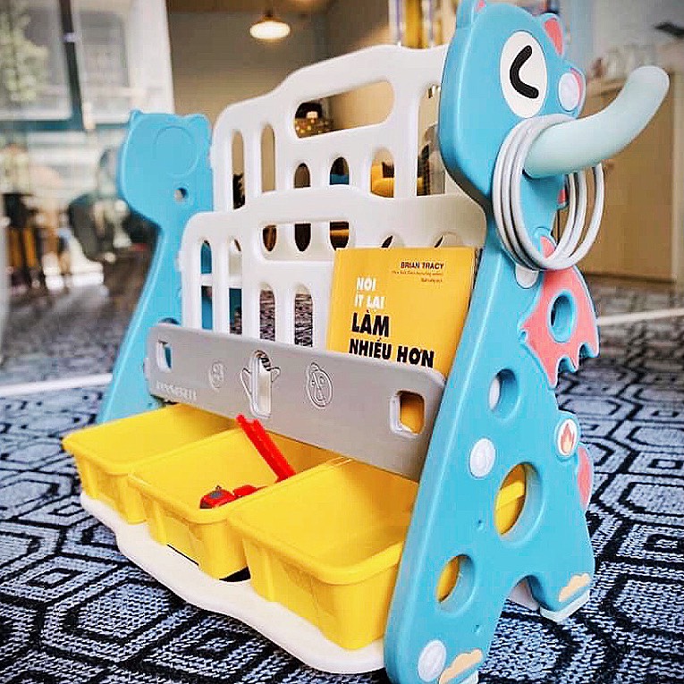 Kệ sách cho bé, kệ khủng long 2in1 có giá sách và khay để đồ, kèm móc treo đồ