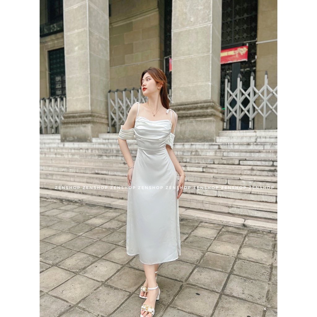 Đầm phi lụa cổ đổ rớt vai cao cấp Mulan Dress
