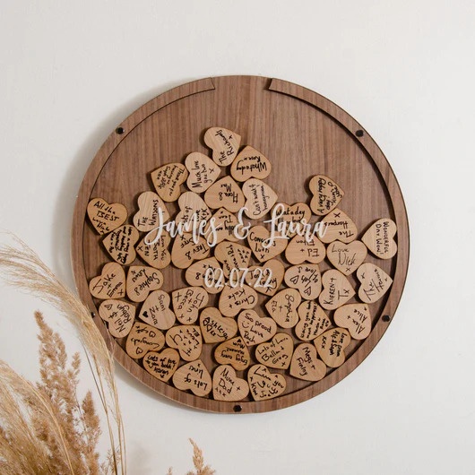Hộp kí tên thả tim đám cưới, Hộp kí tên trang trí đám cưới hình tròn để bàn đám cưới cô dâu chú rể, Wedding Guest Book