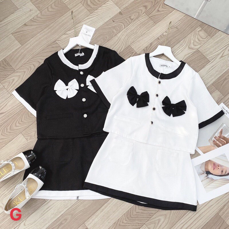 sét bộ kaki bố cv túi trước phối áo kiểu 2 nơ cổ tròn ngắn tay hot