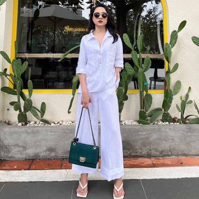 (TỔNG KHO LÂM ANH CHUYÊN SỈ) Áo sơ mi kiểu nữ cổ đức bổ trụ 2 túi ngực, chất vải Linen nhập Hàn mềm mát (Trắng)