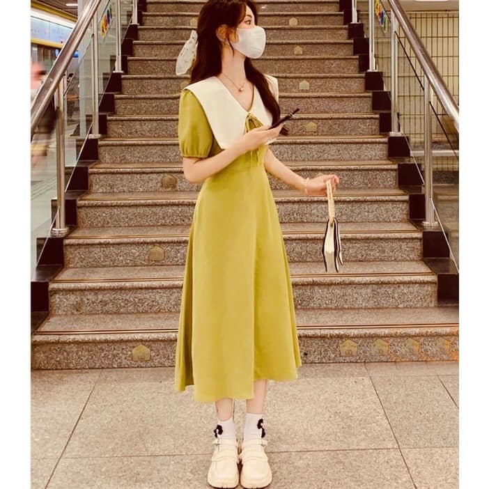 Đầm cổ trắng 💟 SIÊU XINH 💟 Đầm cổ trắng thiết kế 2 màu đen/vàng - Váy đầm nữ dáng dài - TV019