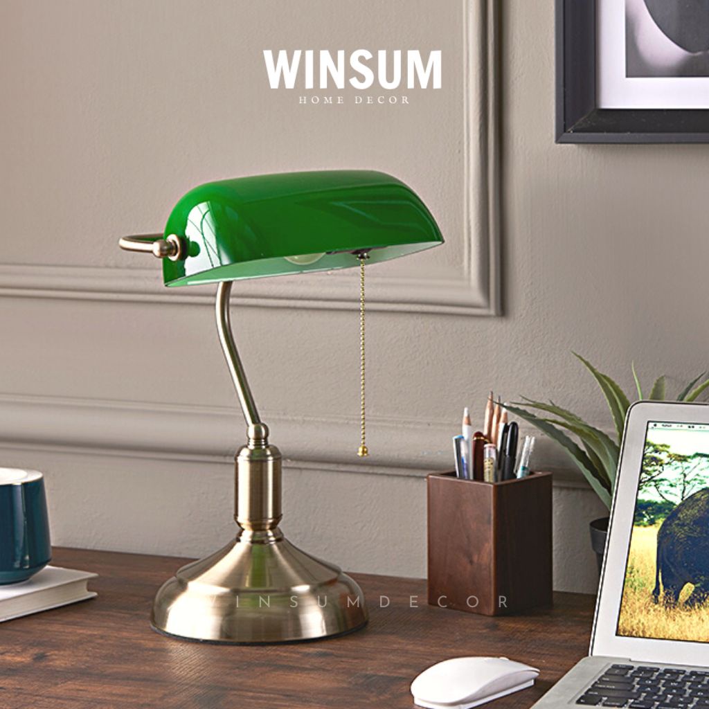 Đèn bàn làm việc banker lamp chao thủy tinh xanh cổ điển, thân kim loại, điều chỉnh ánh sáng - Winsum.decor