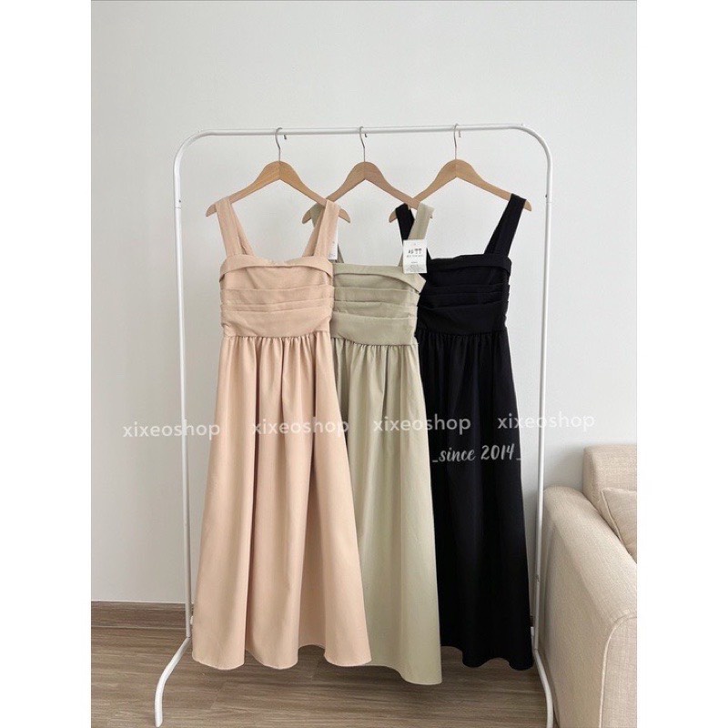 Váy babydoll 2 dây bản to ngực xếp ly dáng dài vải đũi mềm style trẻ trung hàn quốc GUZ