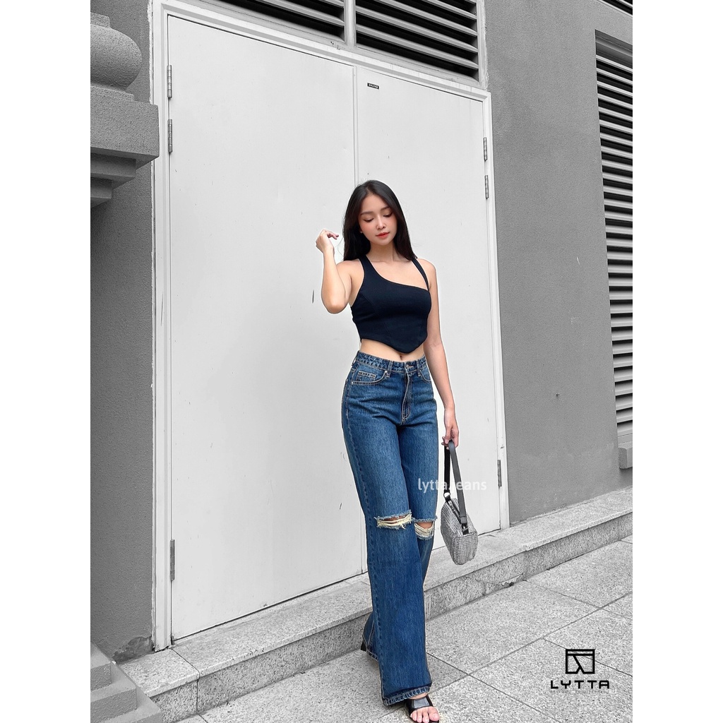 QUẦN JEANS ÔNG SUÔNG RÁCH GỐI 105cm SIÊU HACK DÁNG - XANH ĐẬM