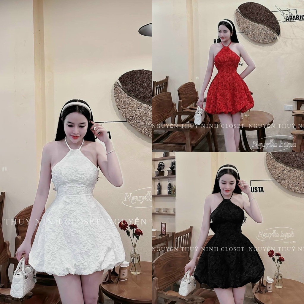 Váy đầm nữ cổ yếm hở lưng quyến dũ họa tiết phối nơ sau eo cực xinh 3 màu tôn da dễ thương đi chơi dự tiệc