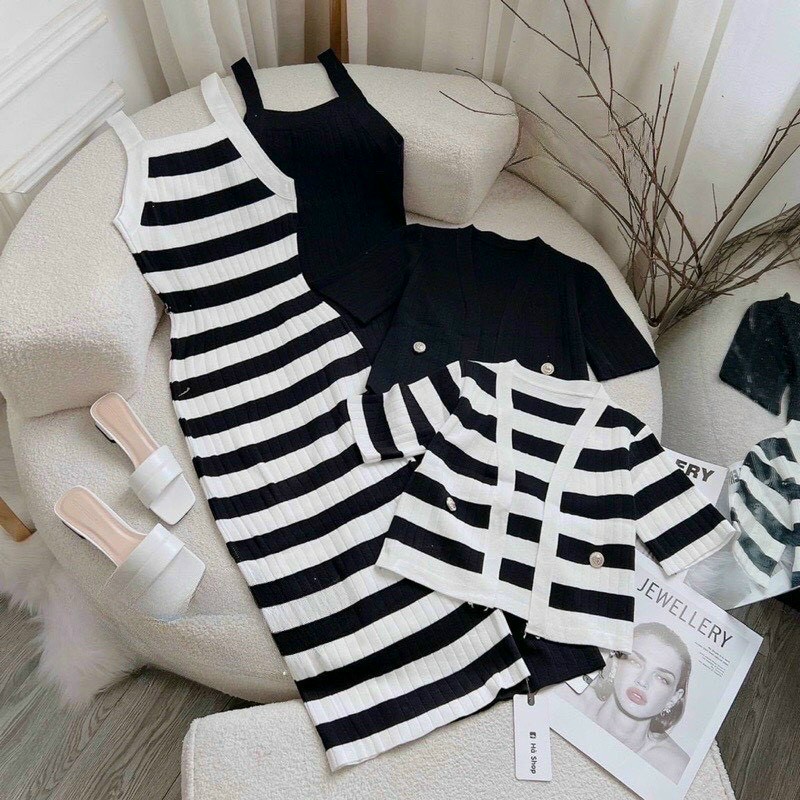 Set đầm nữ ôm body, đầm thun gân 2 dây cổ vuông dáng dài qua gối kèm áo khoác ngoài tay ngắn sexy, xinh xắn