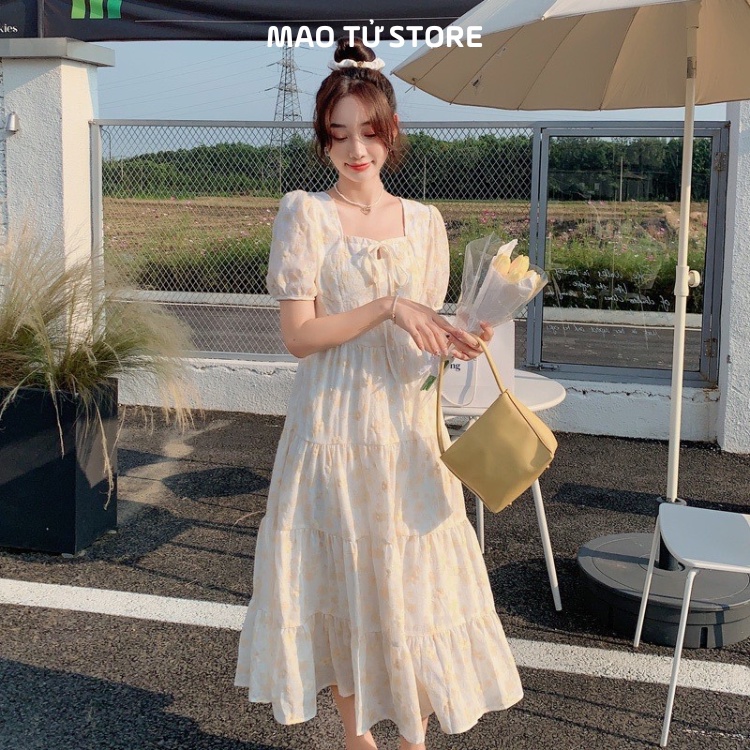 Váy đầm babydoll dáng dài cổ vuông phong cách Hàn Quốc nhẹ nhàng thanh lịch - Mao Tử Store