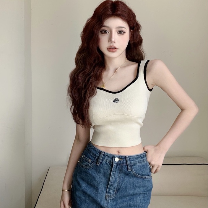 Áo dệt kim LANJIEXI hai dây thêu hoa quyến rũ