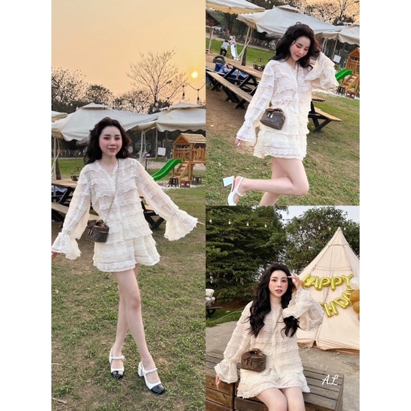 Set ren tiểu thư áo tay bồng xoè + váy ngắn siêu sang (hàng loại 1)