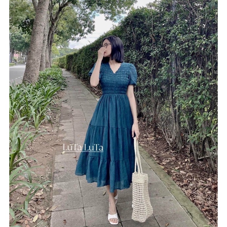 Đầm Tơ Nhún Tầng Chun Ngực Dáng Dài Mã KL