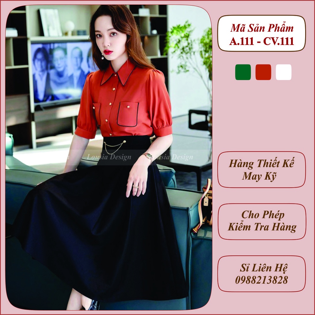 Áo Sơ Mi Lụa Cao Cấp + Chân Váy Xòe Xếp Ly