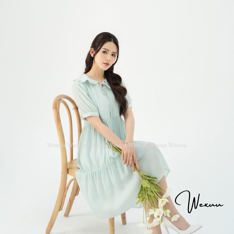 Váy thiết kế cao cấp Wexuu Design dáng babydoll cổ tiểu thư chất tơ lót lụa mềm mại nhẹ nhàng- V18