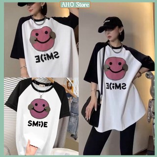 Áo phông nữ phối tay áo thun nữ in hình mặt cười smile from rộng freesize