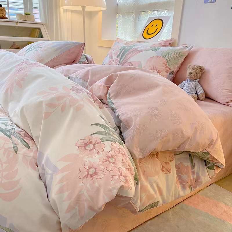 Set vỏ chăn ga gối cotton living. album màu hồng