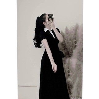 Váy maxi polo đen phối cổ trắng