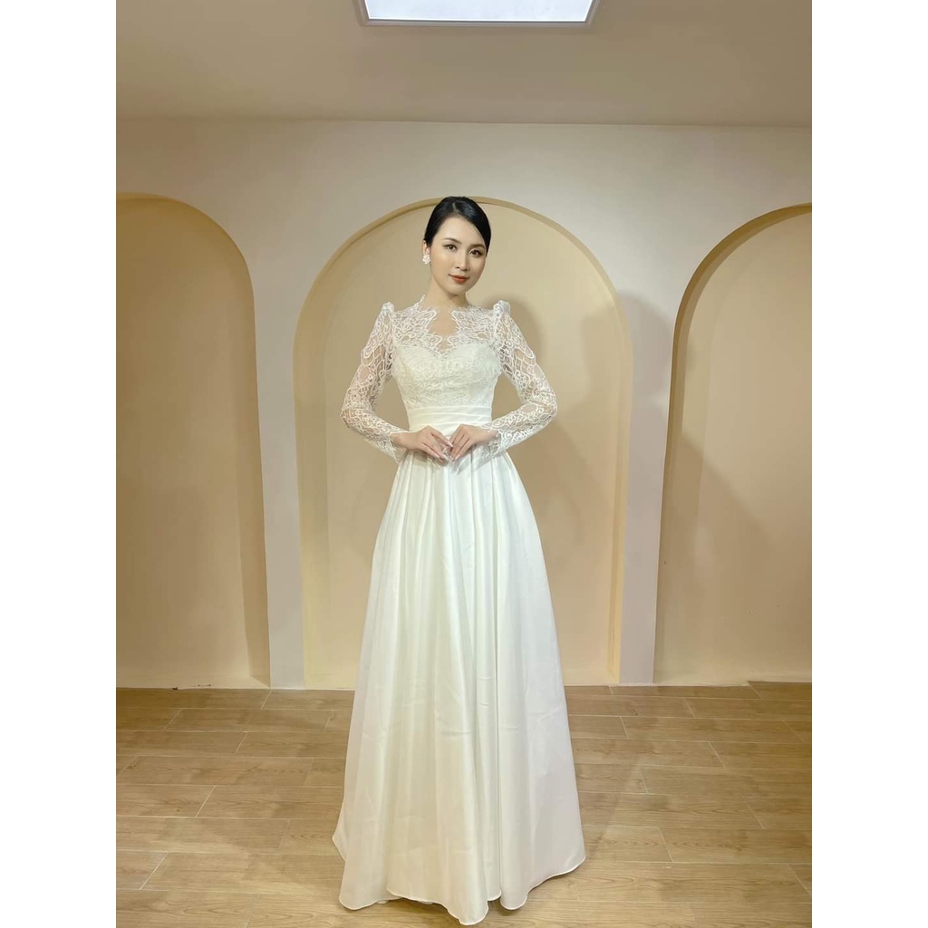 Đầm maxi,váy cưới tay dài ren phối phi sang trọng