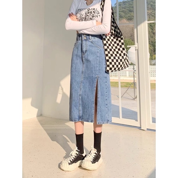 Chân váy bò nữ dáng dài xẻ tà , váy xẻ 2 màu 2 cúc cúc jeans Chữ A Lưng Cao Thời Trang Cho Nữ kèm ảnh thật