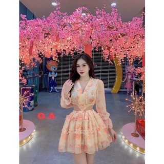 Đầm hoa xoè voan lụa khoét eo, đầm hoa tay dài xẻ ngực