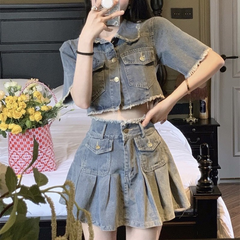 Set jeans áo croptop + chân váy jean xoè chất đẹp - Set Bò Denim Cao Cấp Áo Bò Tay Cộc Mix Chân Váy (Caamhouse)