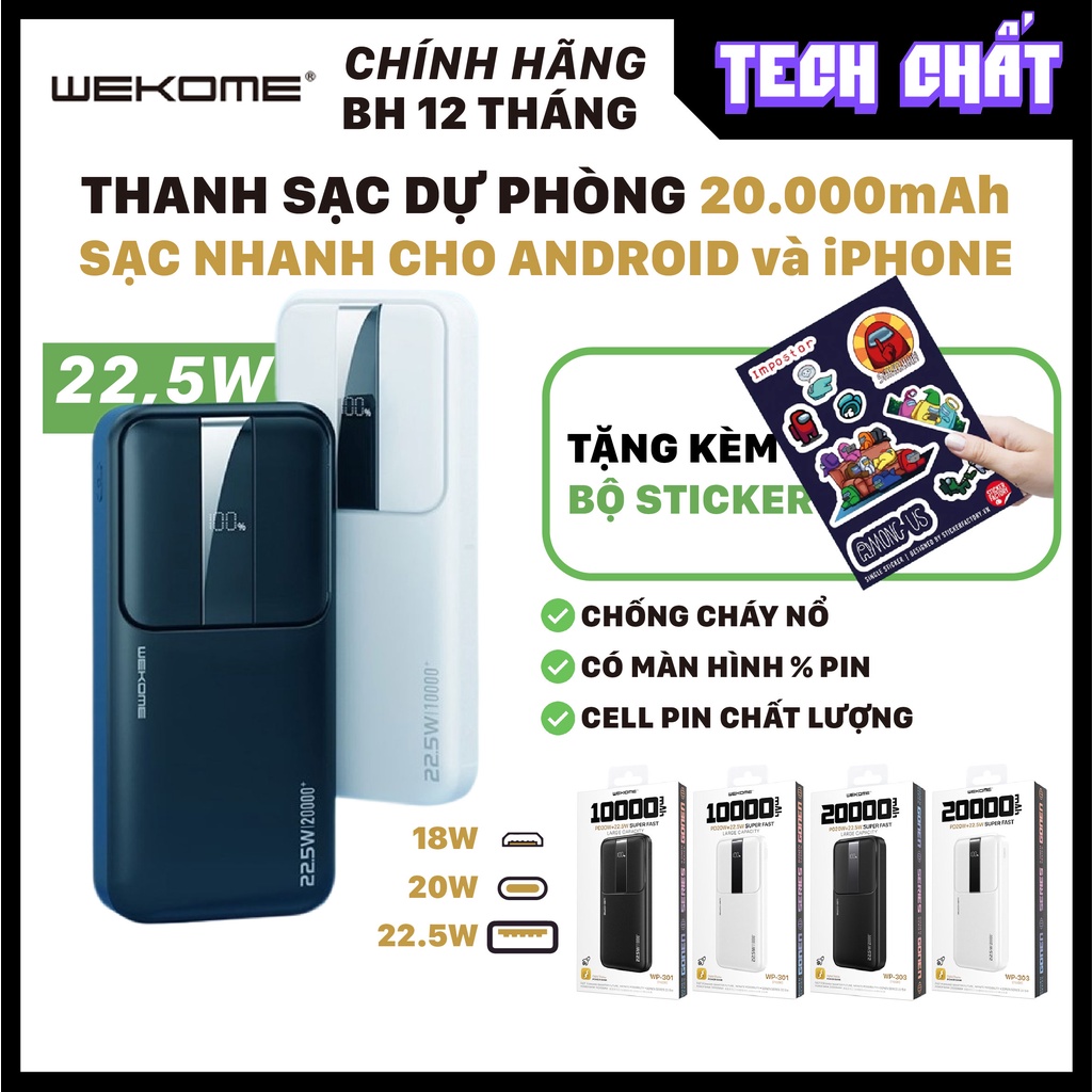 Pin dự phòng Kingkong sạc nhanh 22,5w dung lượng 20000 mAh chính hãng Wekome cho iPhone android Tech chất WP 301 303