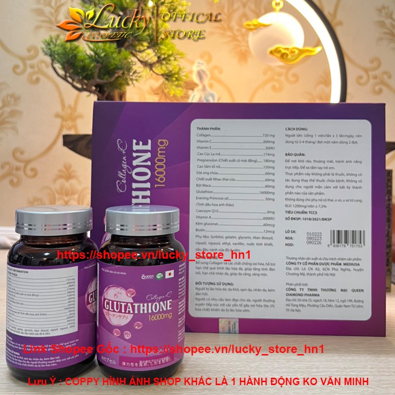GLUTATHIONE 16000mg Viên Uống Trắng Da Mờ Nám Làm Chậm QUá Trình Lão Hóa Da Chính Hãng Hộp 2 Lọ 30 Viên