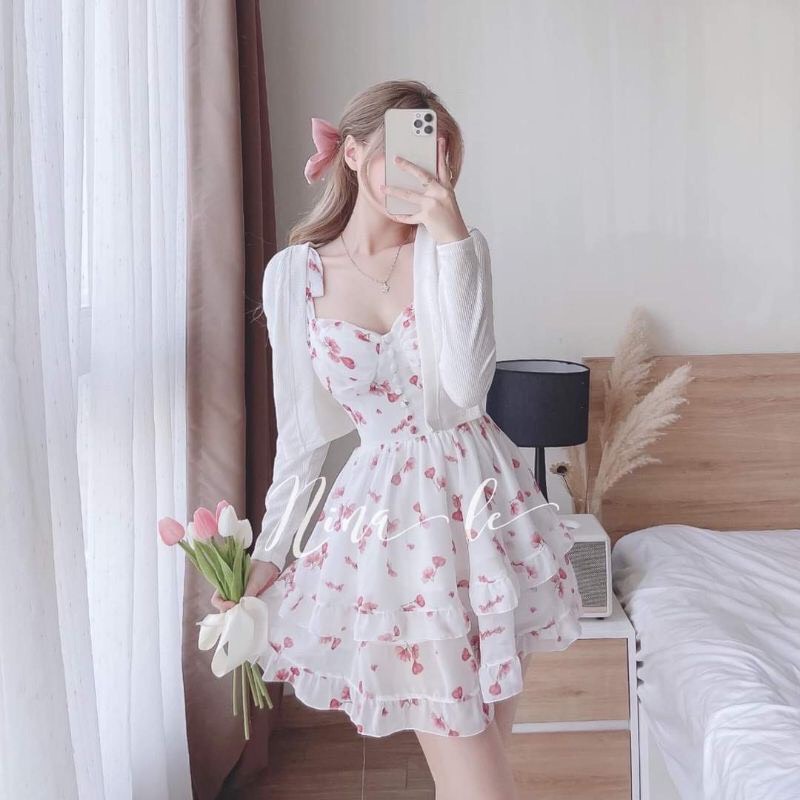 Váy 2 dây - Váy hoa nhí 2 tầng kèm áo cadigan, Có mút ngực, Chất vải lụa cao cấp, Thích đi biển dạo phố