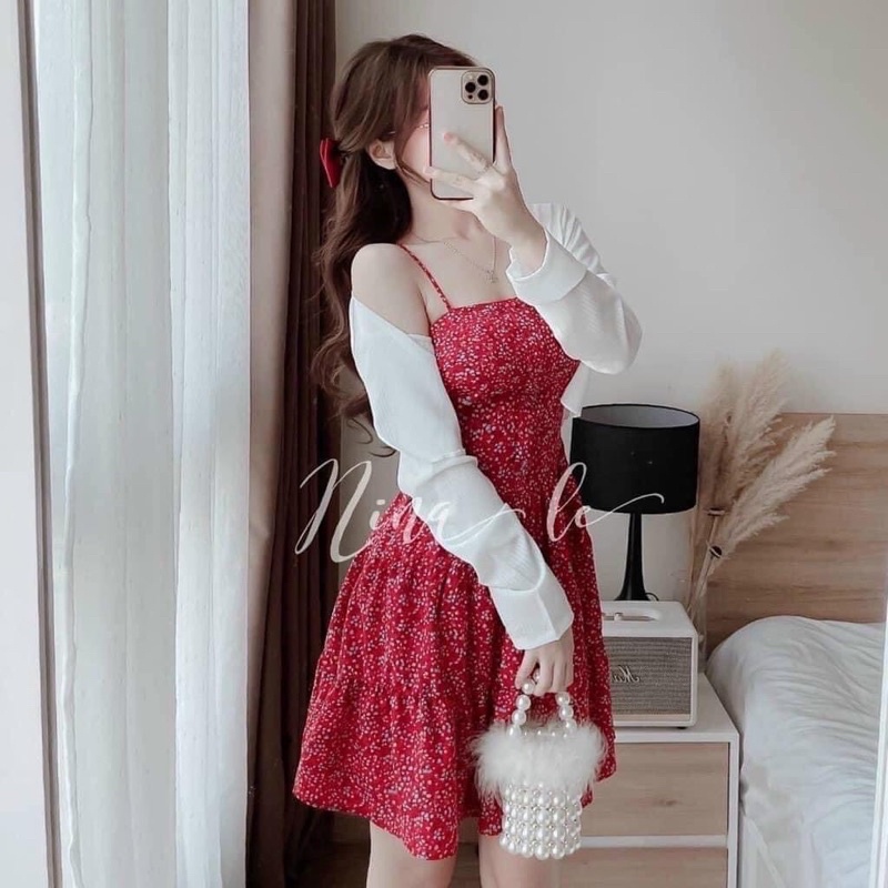 Bộ đầm đỏ xoè tầng kèm khoác tơ trắng shop Nina le
