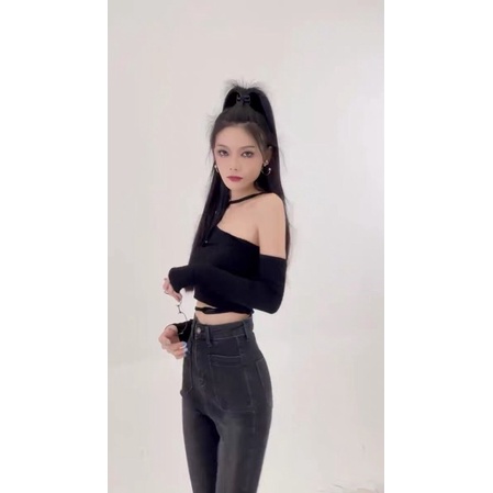 Áo kiểu thun croptop tay dài lệch vai phối dây siêu cá tính cho nữ