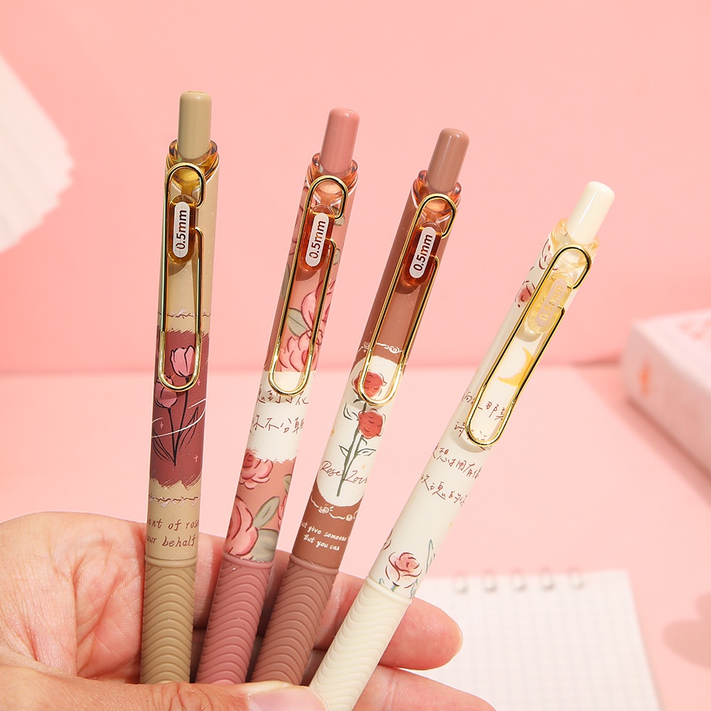 Bút gel mực đen Hoa hồng Rose B73 bút viết vintage nét 0.5mm, cây viết dễ thương cài kim loại