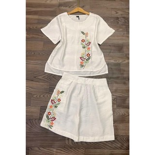Bộ đũi cộc tay thêu hoa chất liệu đũi linen,bộ đũi mặc nhà mã y1