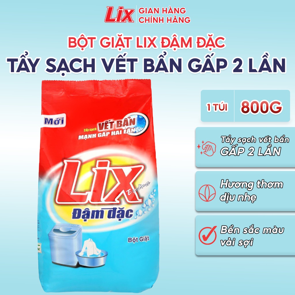 Bột giặt Lix Extra đậm đặc 800gr ED002 gấp đôi sức mạnh làm sạch mọi vết bẩn cứng đầu loại bỏ ẩm mốc cho giặt tay và máy