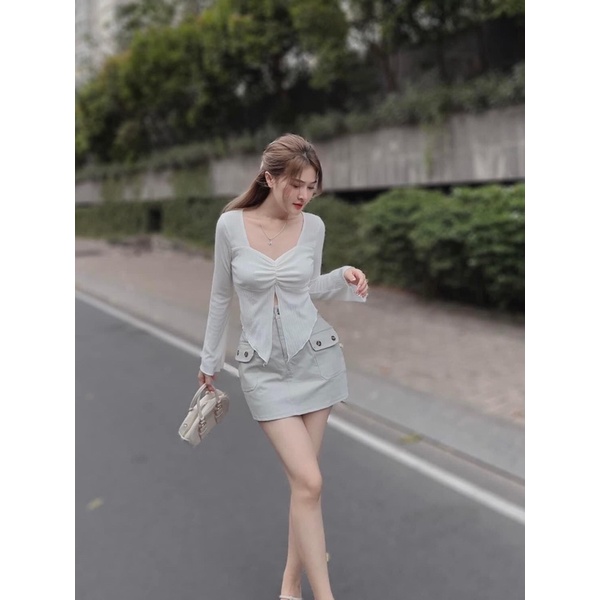 Bộ áo set đuôi cá kèm chân váy kaki túi hộp shop nina le