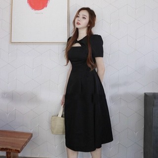 Đầm váy freesize midi đen cổ khoéc