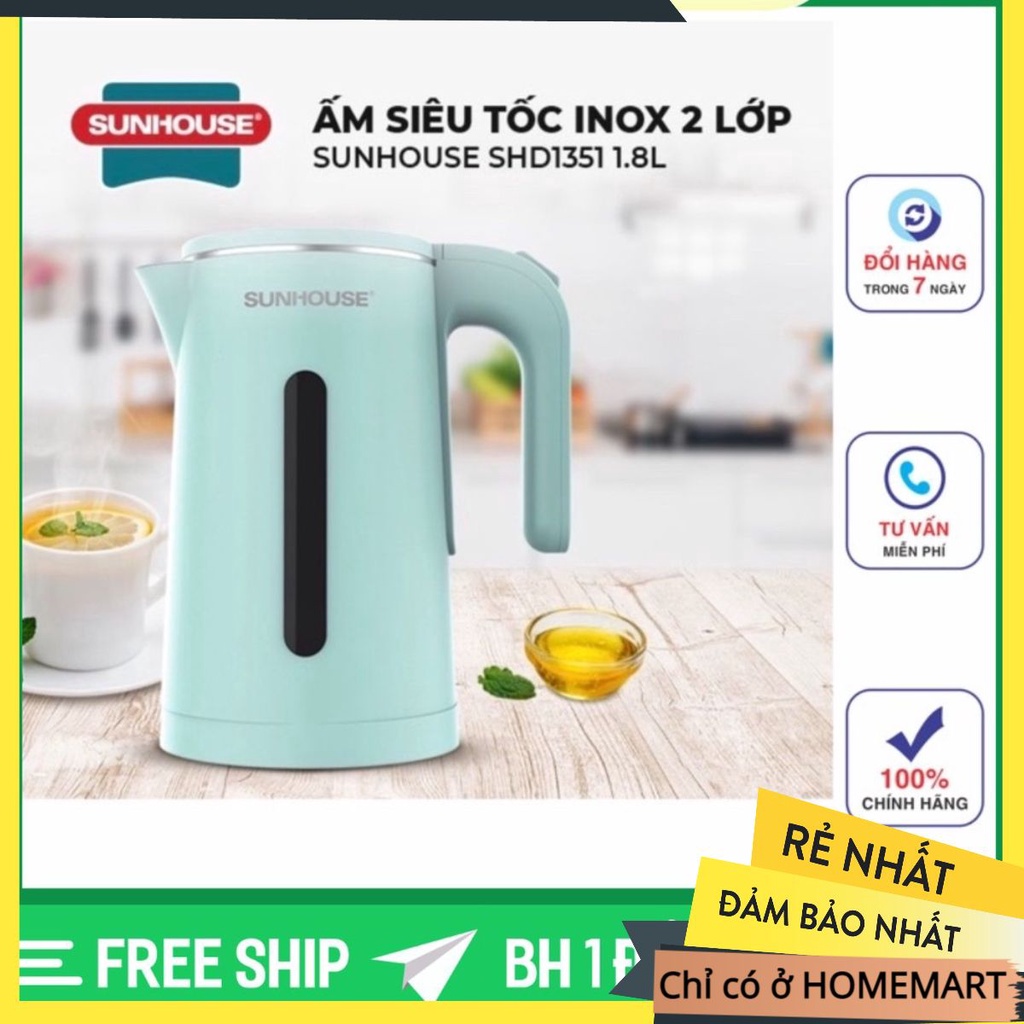 Ấm siêu tốc, bình đun siêu tốc Sunhouse SHD1351 inox 2 lớp, vỏ chống bỏng 1,8 lít
