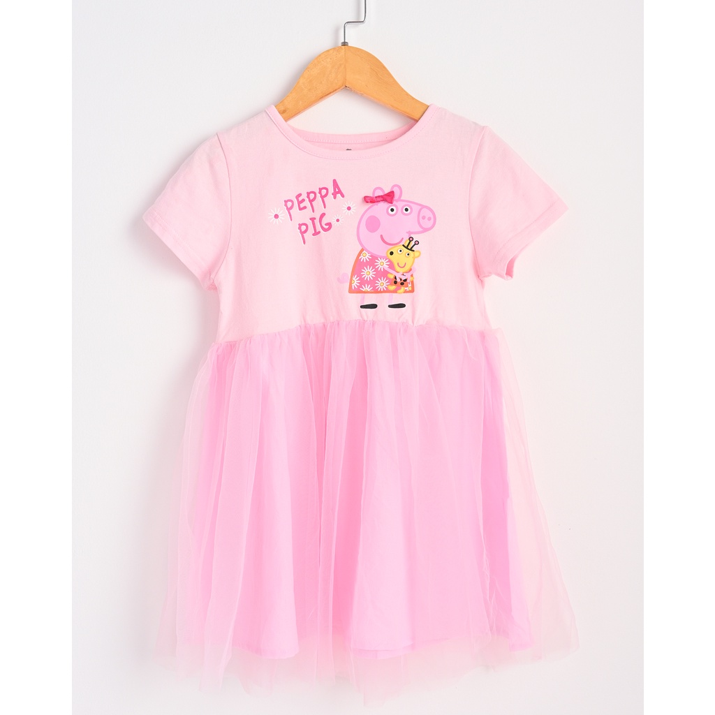 Váy Bé Gái In Hình Peppa Thun Cotton Phối Chân Voan Màu Hồng