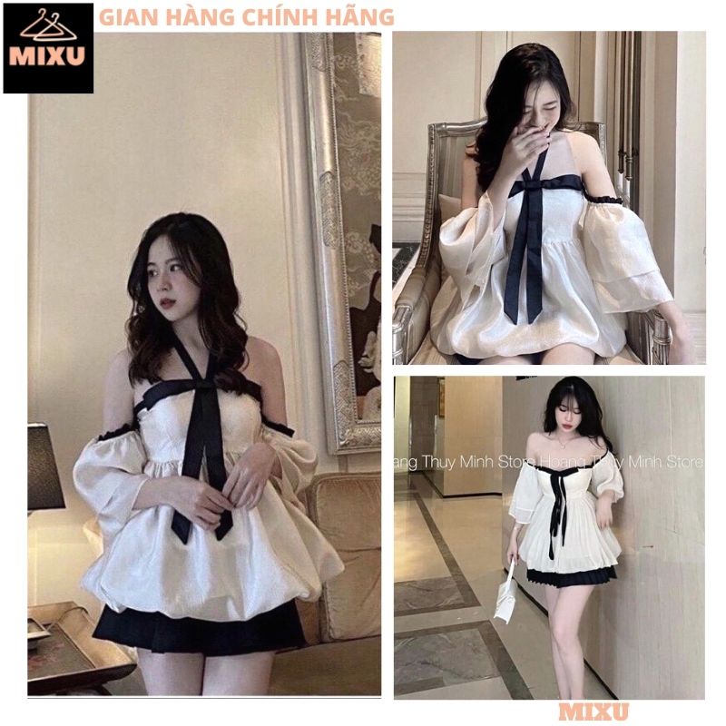 Set Áo Peplum Trễ Vai Tay Lỡ Phối Viền Đen Cột Dây Nơ Cổ Yếm Và Chân Váy Xoè Xếp Ly Ngắn - Tiểu Thư Bánh Bèo Cute - MIXU