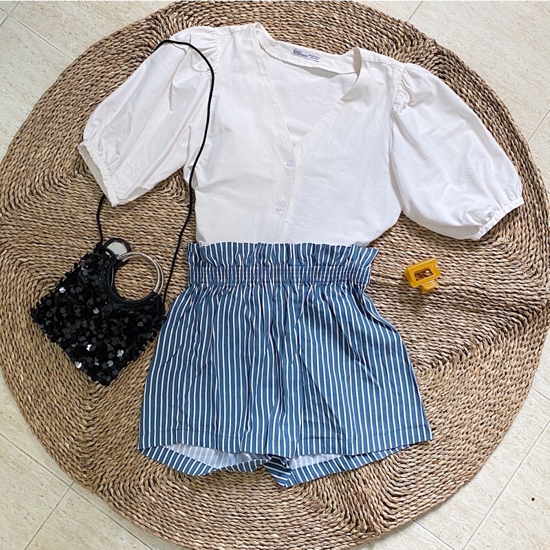 💘💘(Pass) Thanh lý quần shorts kẻ lưng cao cạp chun h&m auth