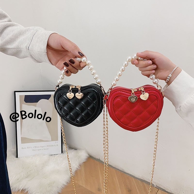 Bololo Túi Đeo Chéo Mini Họa Tiết Trái Tim Đính Ngọc Trai Thời Trang Cho Bé Gái