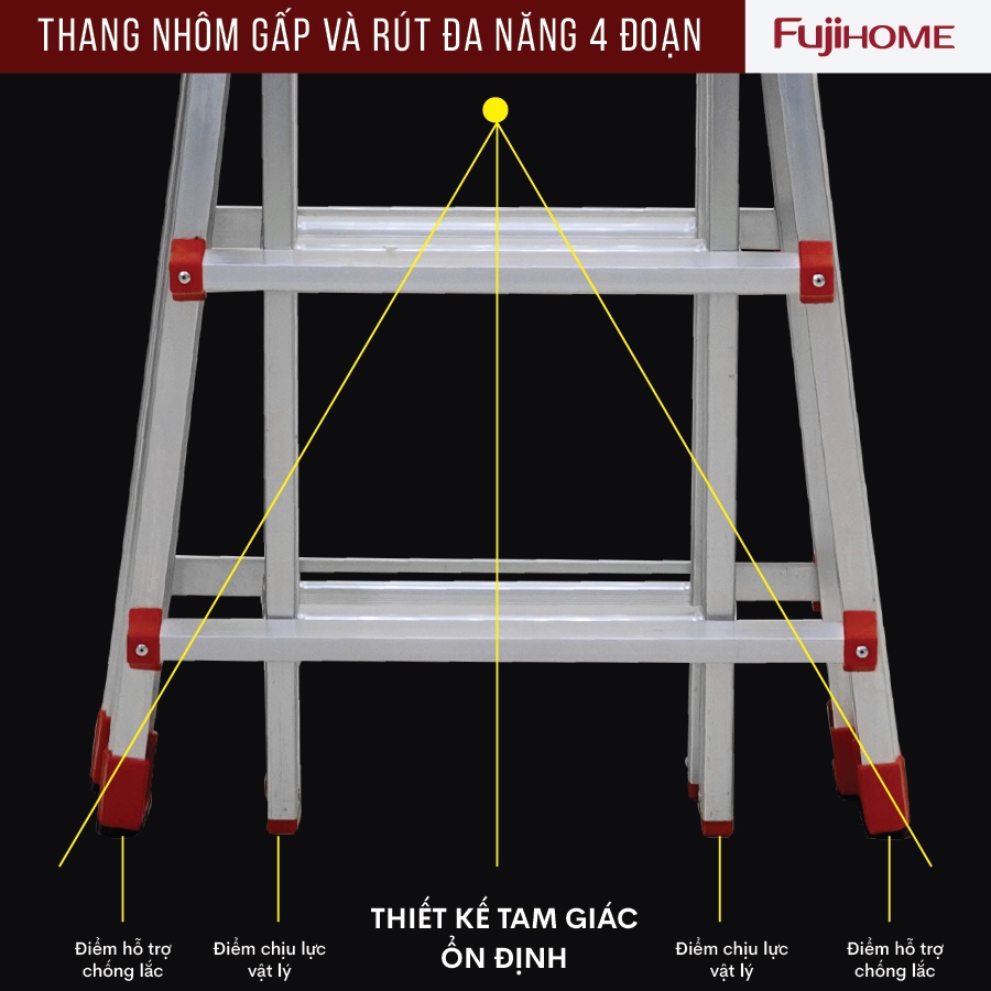 Thang nhôm gấp và rút đa năng 4 đoạn FUJIHOME ML44 cao tối đa 4m - Xếp nhiều hình dáng - Bảo hành điện tử toàn quốc