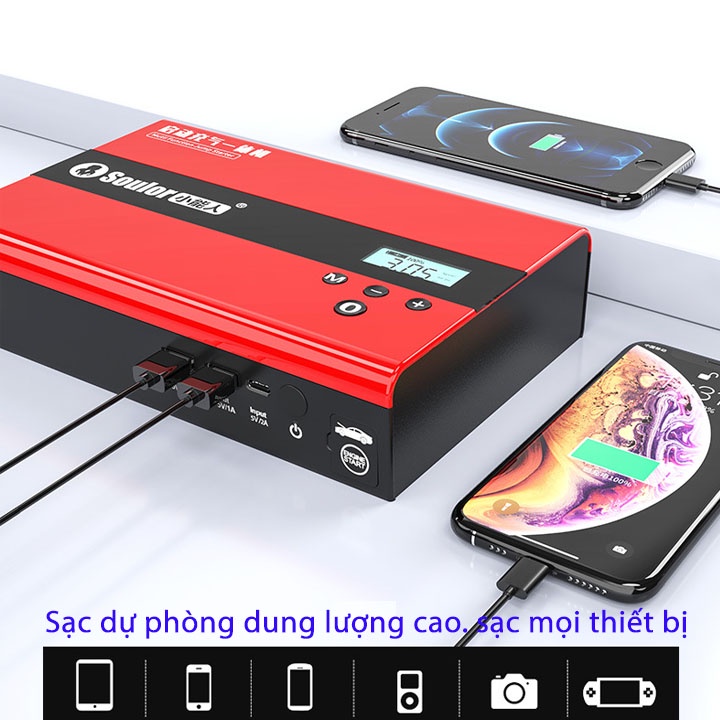 Bộ pin dự phòng 99800mAh, kích bình ắc quy ô tô, kèm bơm lốp đa năng