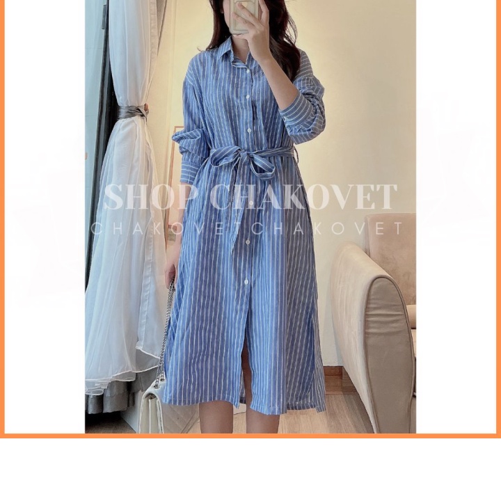 Đầm sơ mi nữ kẻ sọc dáng suông Vintage, Váy sơ mi Maxi dài tay kèm đai thời trang học sinh công sở Style Hàn Quốc V.8442