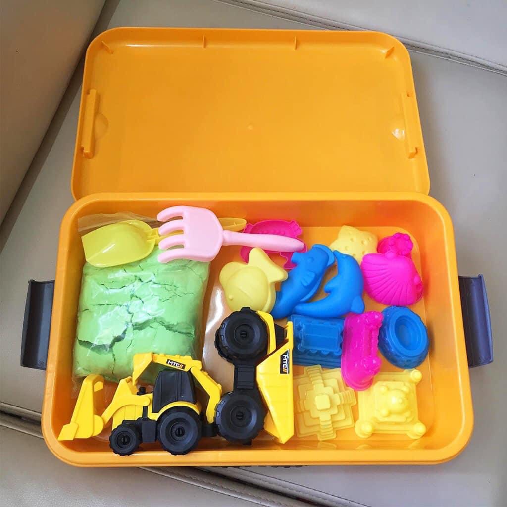 Hộp cát động lực sinh học không dính tay cho bé tặng kèm 2 xe công trình, xẻng và khuôn