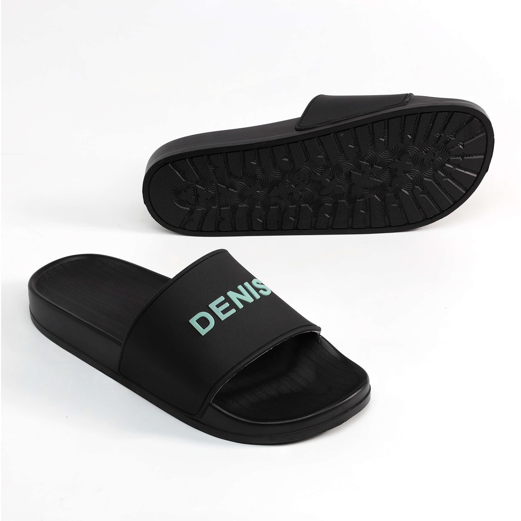 Dép quai ngang Denis DN12Unisex Slipper màu đen chữ xanh Ngoài trời