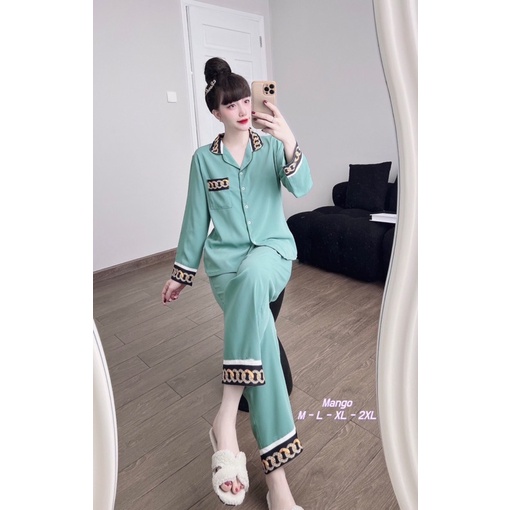 Bộ Pijama lụa mango có túi quần Tay dài Quần dài