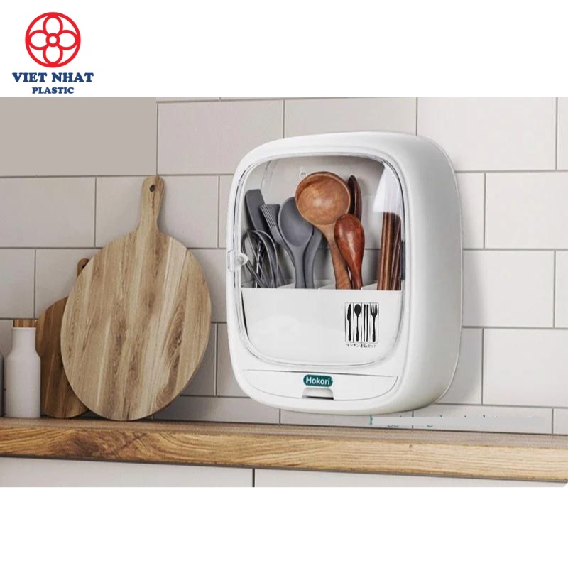 Hộp Đựng Đũa, Thìa, Dĩa, Có Nắp Cửa Nam Châm Hút Từ Tính Chống Bụi Bẩn, Bốn Ngăn Có Lỗ Thoát Nước Luôn Luôn Khô Ráo