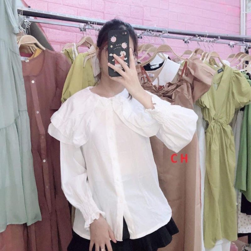 Áo sơ mi cổ bèo 2 tầng tay bo chun ,sơ mi bánh bèo dài tay bo chun phong cách ulzzang hàn quốc ANIESHOP688