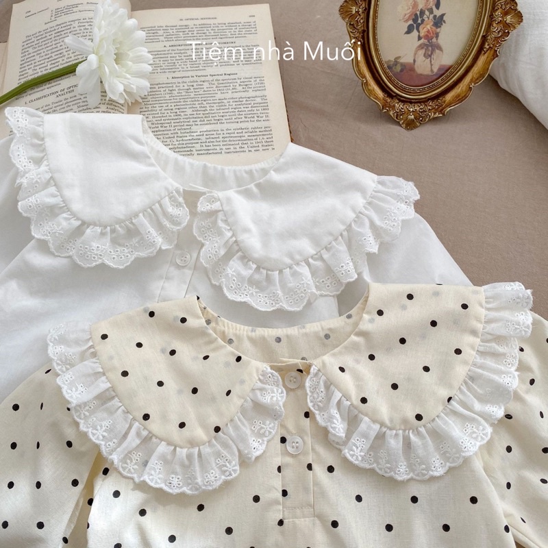 Áo cổ sen viền bèo trắng chấm bi phong cách hàn cho bé gái 5-13kg - ảnh sản phẩm 5